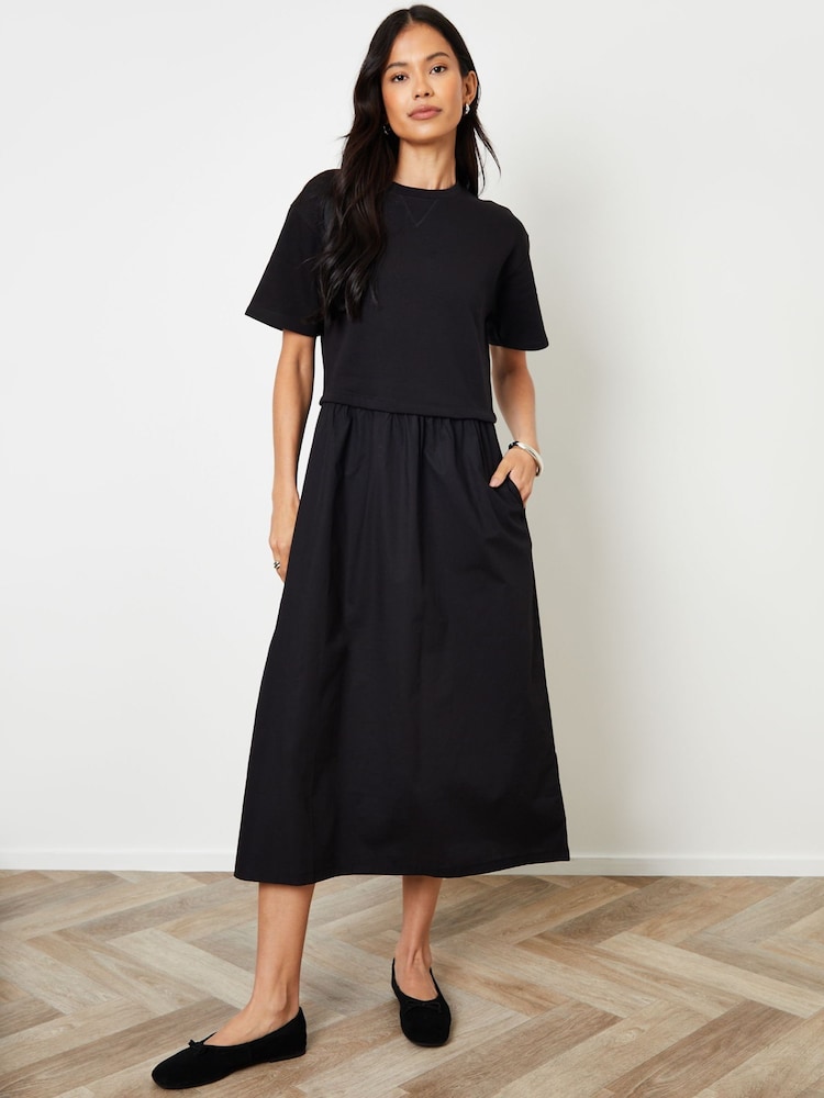 Threadbare Black 2-in-1 Sweat Dress with Poplin Skirt - Image 1 of 5