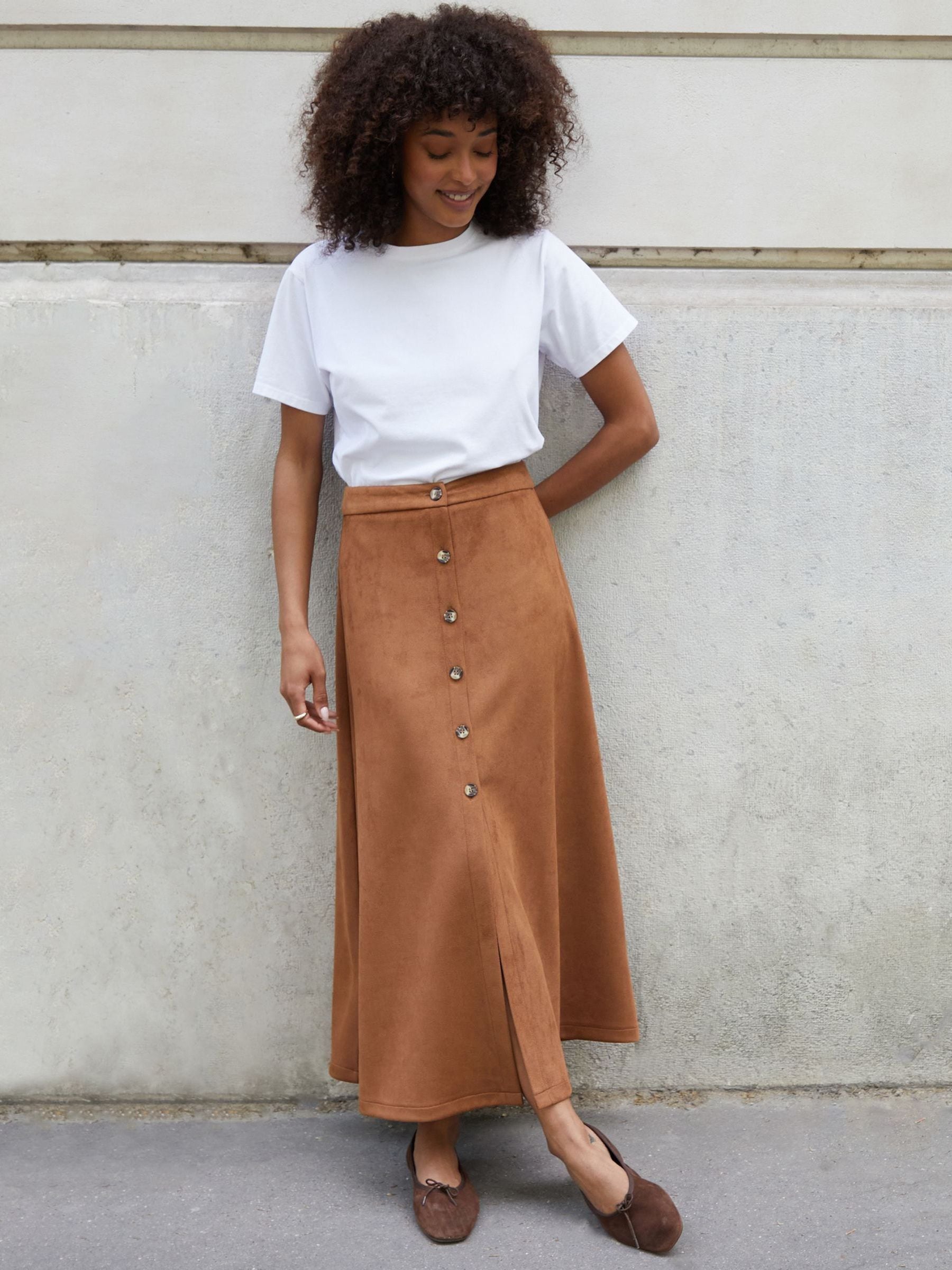 Threadbare Brown Button Front Suedette Skirt