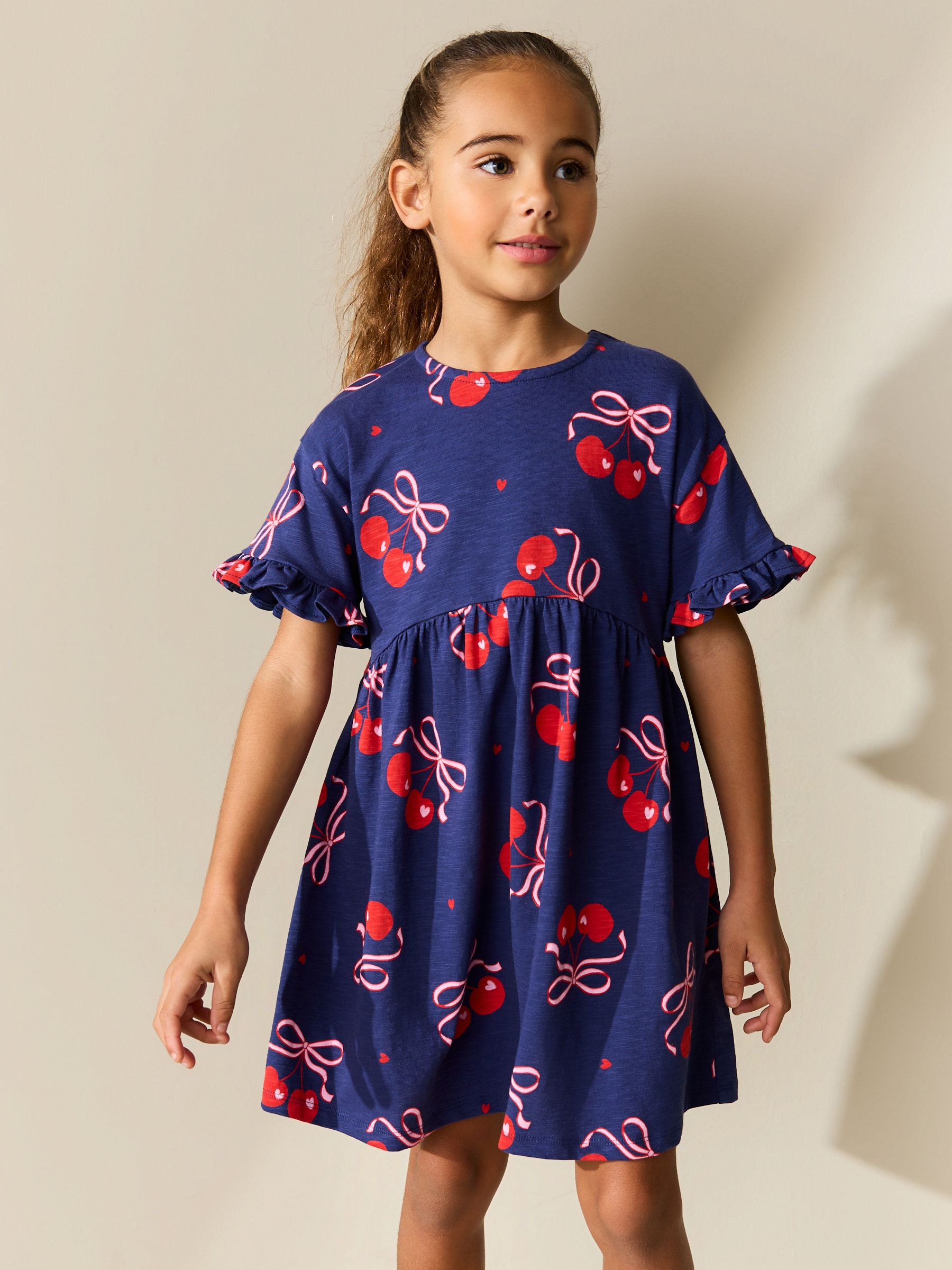 Buy Navy Cherry Print Short Sleeve Jersey Dress (3-16yrs) from the