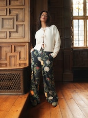 Navy Floral National Trust x Next Linen Blend Wide Leg Trousers - Image 1 of 5