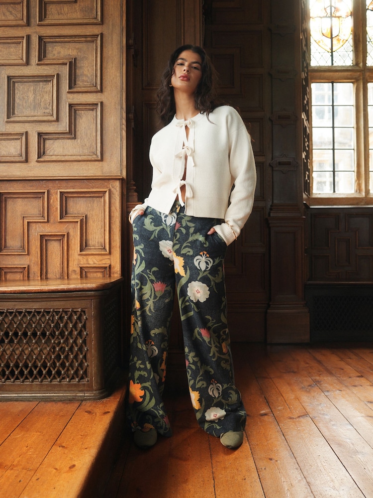 Navy Floral National Trust x Next Linen Blend Wide Leg Trousers - Image 1 of 5