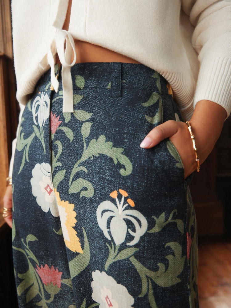 Navy Floral National Trust x Next Linen Blend Wide Leg Trousers - Image 5 of 5