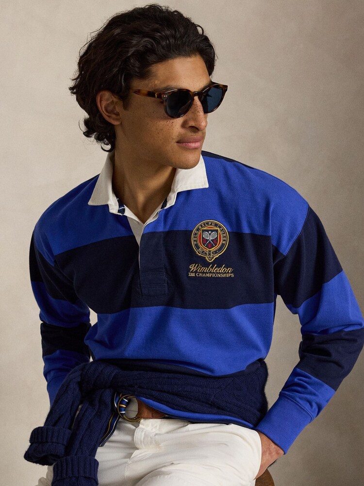 Polo Ralph Lauren Collegiate Blue & Refined Navy Wimbledon Crest Embroidery Striped Rugby Shirt - Image 1 of 3