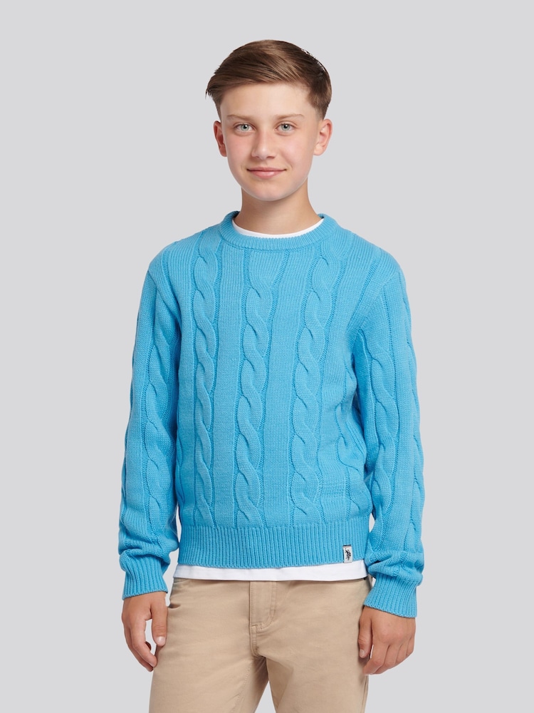 U.S. Polo Assn. Heritage Blue Boys Cable Knit Crew Jumper - Image 1 of 7 U.S. Polo Assn. Heritage Blue Boys Cable Knit Crew Jumper - Image 1 of 7