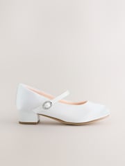 White Wide Fit (G) Stain Resistant Satin Mary Jane Flower Girl Heeled Shoes - Image 2 of 5