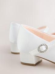 White Wide Fit (G) Stain Resistant Satin Mary Jane Flower Girl Heeled Shoes - Image 4 of 5
