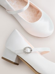 White Wide Fit (G) Stain Resistant Satin Mary Jane Flower Girl Heeled Shoes - Image 5 of 5