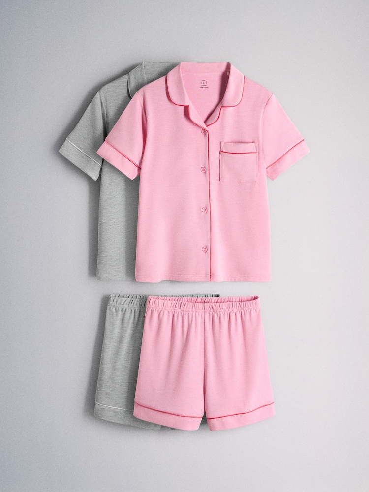 The Set Soft Touch Short Sleeve Top and Short Pyjamas 2 Pack Pink/Grey - Image 1 of 5 The Set Soft Touch Short Sleeve Top and Short Pyjamas 2 Pack Pink/Grey - Image 1 of 5