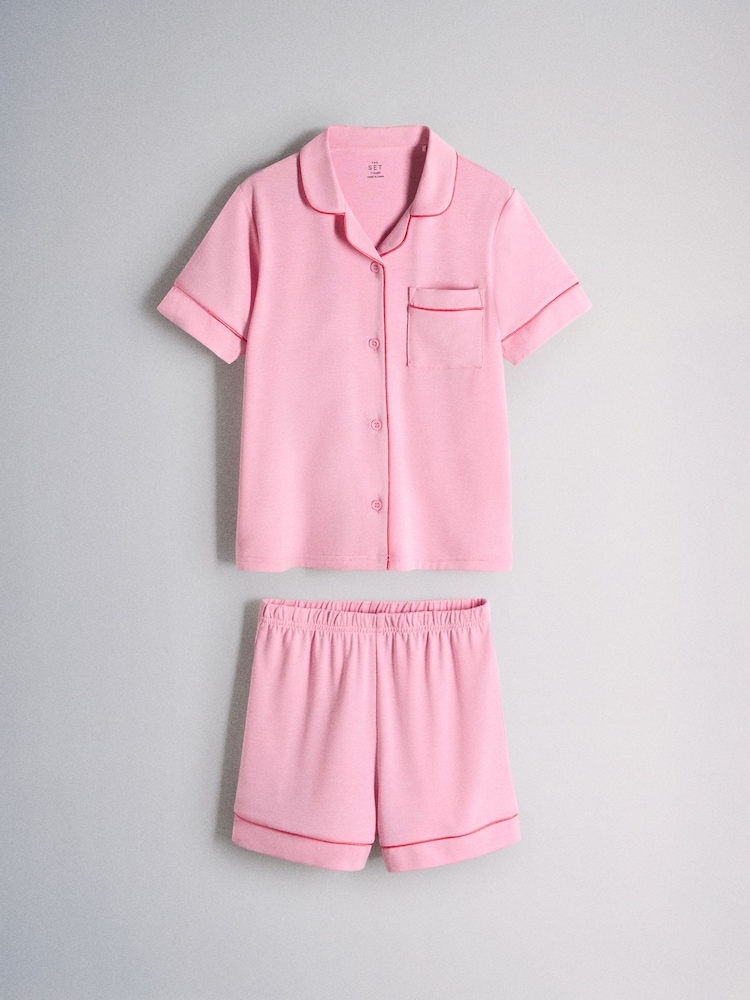 The Set Soft Touch Short Sleeve Top and Short Pyjamas 2 Pack Pink/Grey - Image 2 of 5 The Set Soft Touch Short Sleeve Top and Short Pyjamas 2 Pack Pink/Grey - Image 2 of 5