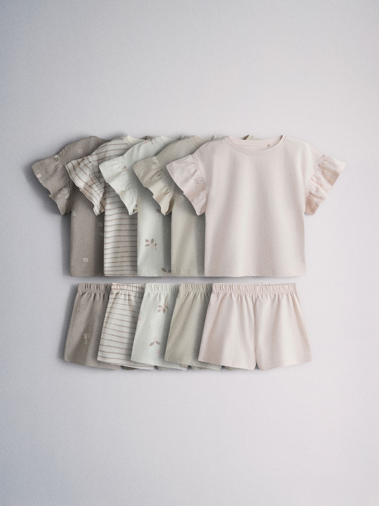 The Set 5 Pack Cotton Jersey Frill Sleeve T-Shirt and Shorts Pyjamas Set - Imagen 1 de 6