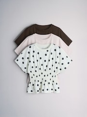 The Set 3 Pack Shirred Waist Cotton Tops Brown/Pink/Spot - Image 2 of 6