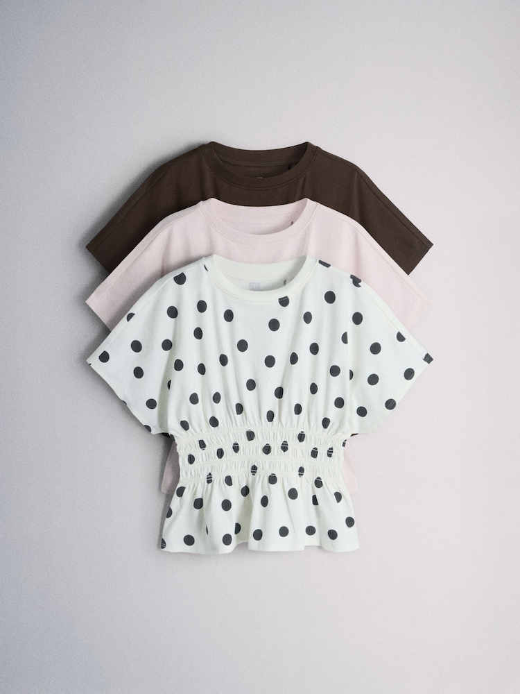 The Set 3 Pack Shirred Waist Cotton Tops Brown/Pink/Spot - Image 2 of 6