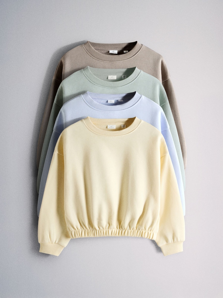 The Set 4 Pack Cropped Elasticated Hem Crews Sweat Top Yellow/Blue/Green/Brown - Image 2 of 6
