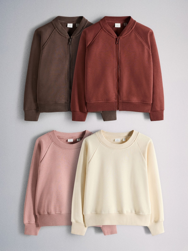 The Set 4 Pack Elasticated Hem Crews and Zip Through Bombers Brown/Cream/Pink - Image 1 of 6