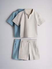 The Set 2 Pack Rib Trophy Neck Top and Short Set Blue/Neutral - Image 1 of 6