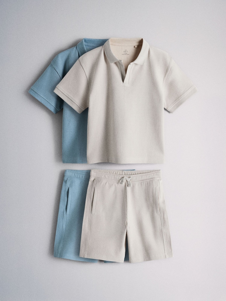 The Set 2 Pack Rib Trophy Neck Top and Short Set Blue/Neutral - Image 1 of 6