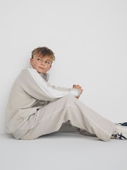 The Set Piped Zip Through Funnel Neck Top and Wide Leg Jogger Set Brown/Cream - Image 1 of 6