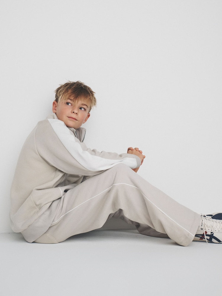 The Set Piped Zip Through Funnel Neck Top and Wide Leg Jogger Set Brown/Cream - Image 1 of 6