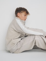 The Set Piped Zip Through Funnel Neck Top and Wide Leg Jogger Set Brown/Cream - Image 5 of 6