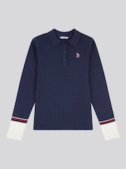 U.S. Polo Assn. Blue Fine Cable Knit Polo Shirt - Image 5 of 7