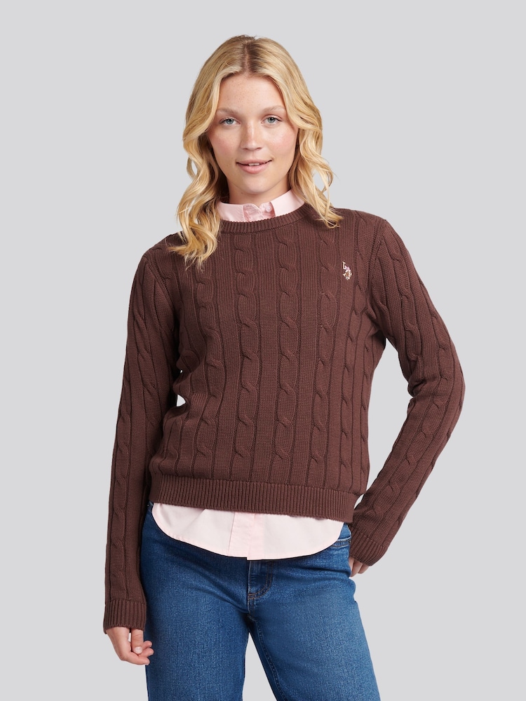 U.S. Polo Assn. Brown Suede Womens Crew Neck Cable Knit Pink Jumper - Image 1 of 1