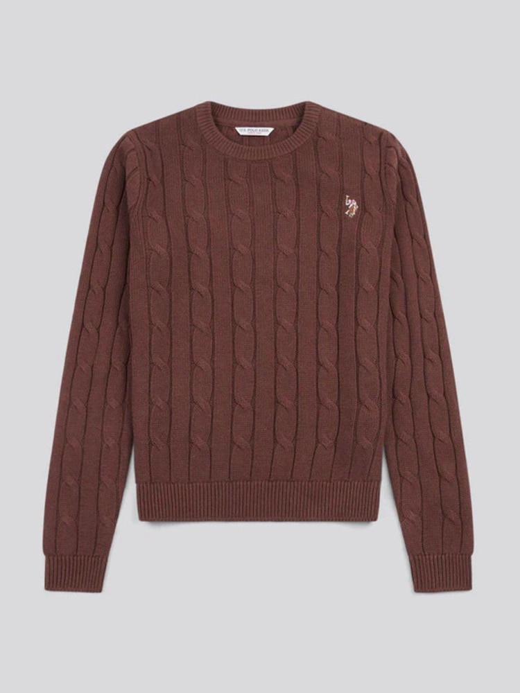 U.S. Polo Assn. Brown Crew Neck Cable Knit Jumper - Image 2 of 4 U.S. Polo Assn. Brown Crew Neck Cable Knit Jumper - Image 2 of 4