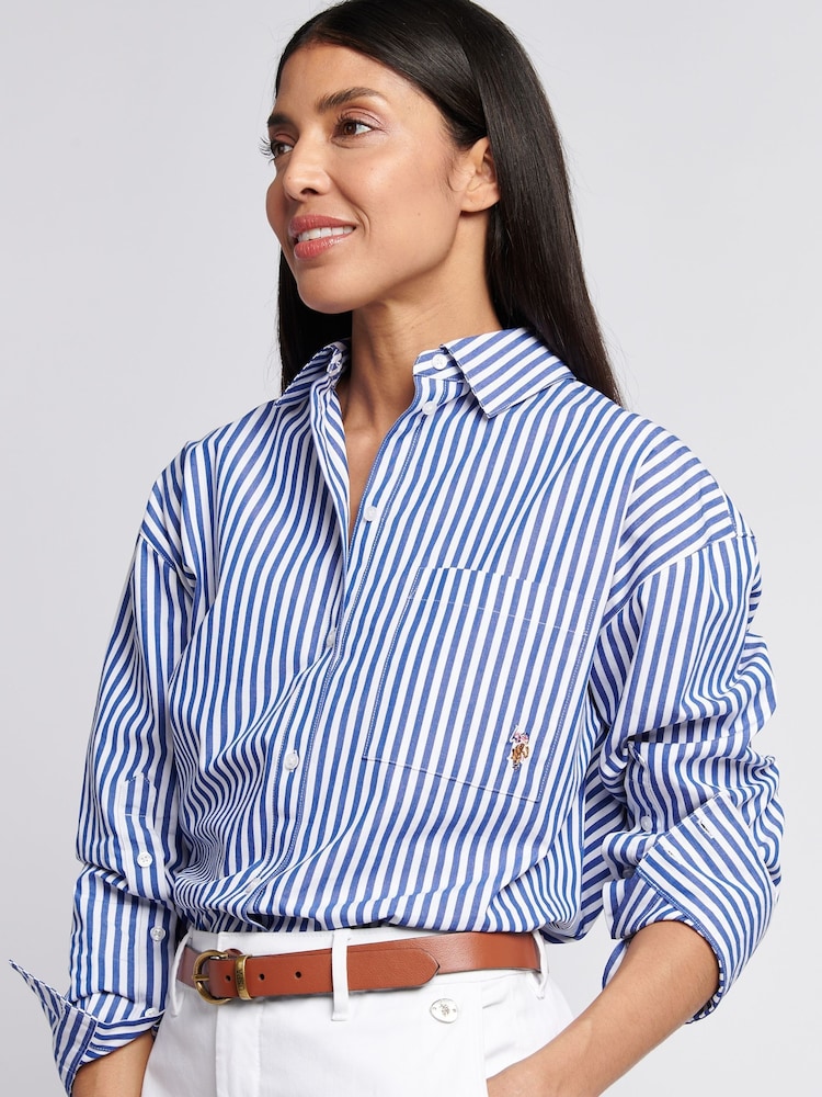 Azul - U.S. Polo Assn. Cotton Poplin Loose Fit Stripe Shirt - Imagem 2 de 10