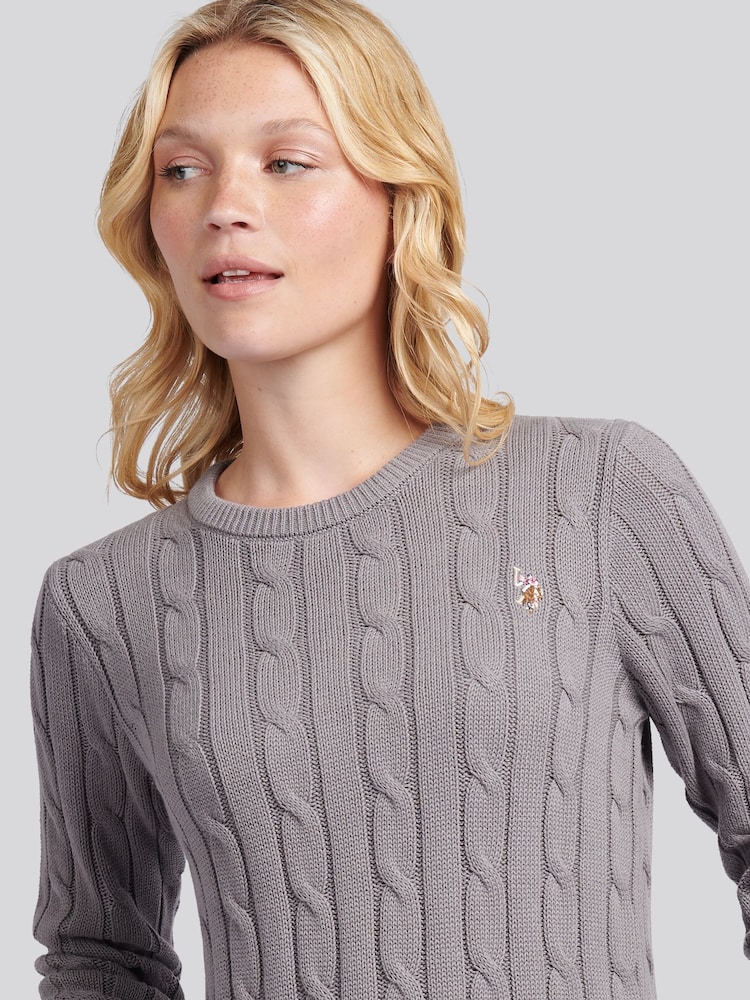 U.S. Polo Assn. Grey Womens Crew Neck Cable Knit Pink Jumper - Image 4 of 4