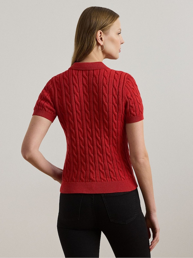 Lauren Ralph Lauren Red Embridered Logo Cable Knit Polo Shirt - Image 2 of 8