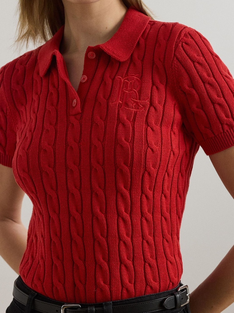 Lauren Ralph Lauren Natrissa Embridered Logo Cable Knit Polo Shirt - Image 1 of 5 Lauren Ralph Lauren Natrissa Embridered Logo Cable Knit Polo Shirt - Image 1 of 5