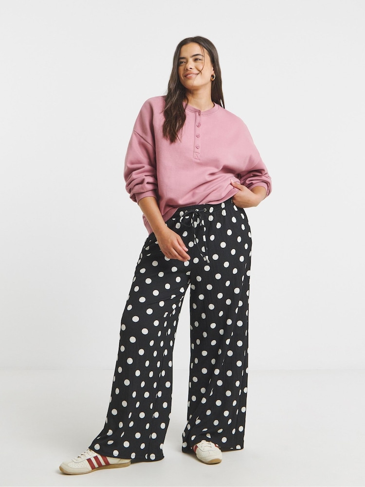 Simply Be Black Textured Jersey Drawstring Wide Leg Trousers - Image 1 of 4 Simply Be Black Textured Jersey Drawstring Wide Leg Trousers - Image 1 of 4