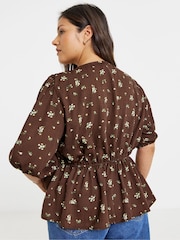 Simply Be Brown Button Through Peplum Blouse - Image 2 of 4