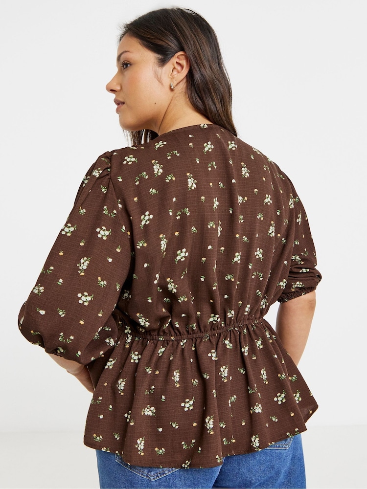 Simply Be Brown Button Through Peplum Blouse - Image 2 of 4