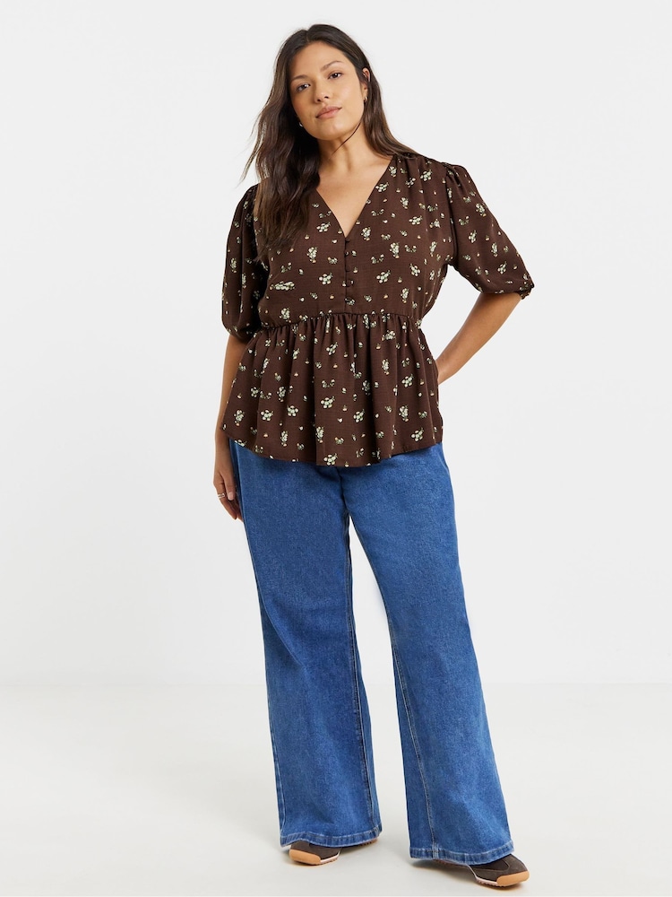 Simply Be Brown Button Through Peplum Blouse - Image 4 of 4