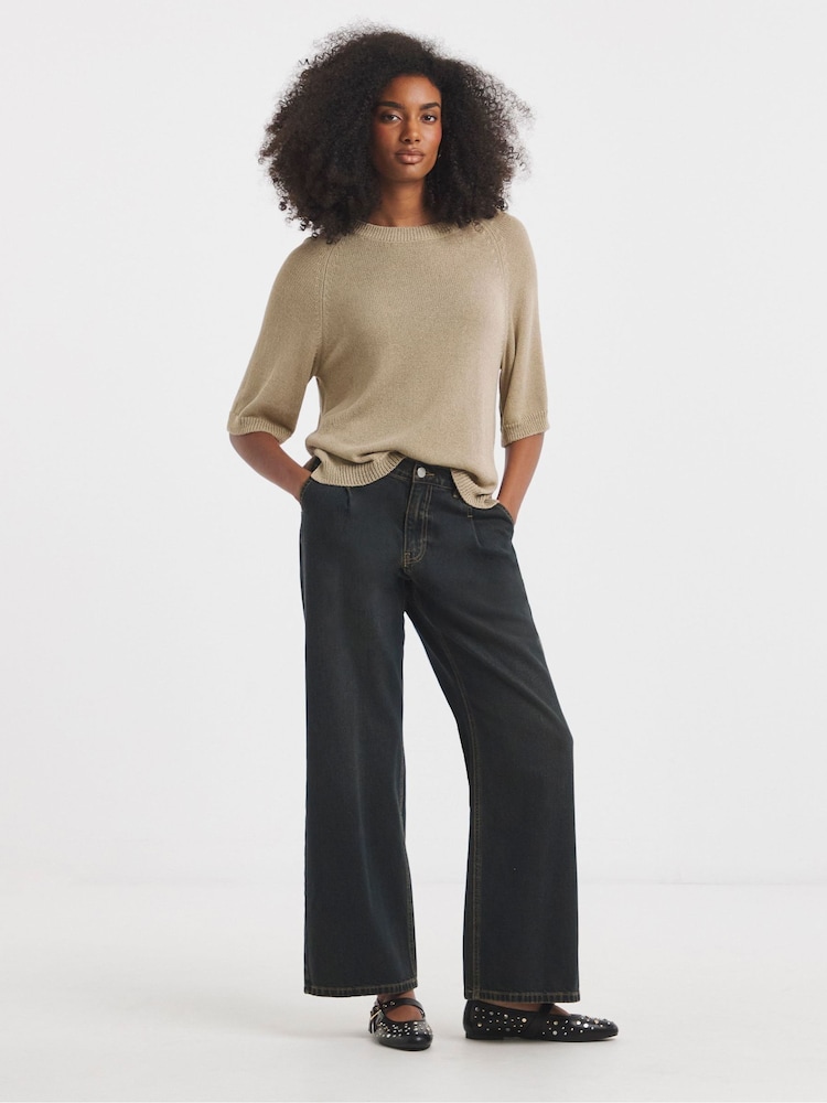 Simply Be Blue Pleat Detail Wide Leg Jeans In Vintage Wash - Image 1 of 4 Simply Be Blue Pleat Detail Wide Leg Jeans In Vintage Wash - Image 1 of 4