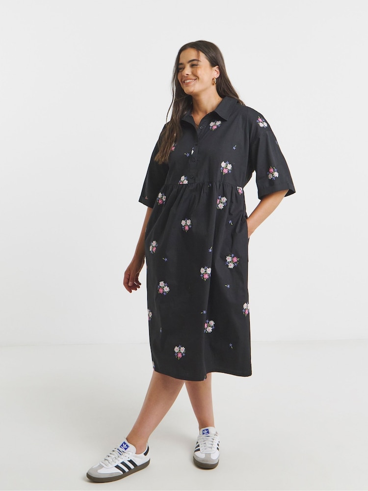 Simply Be Black Embroidered Shirt Dress - Image 1 of 4