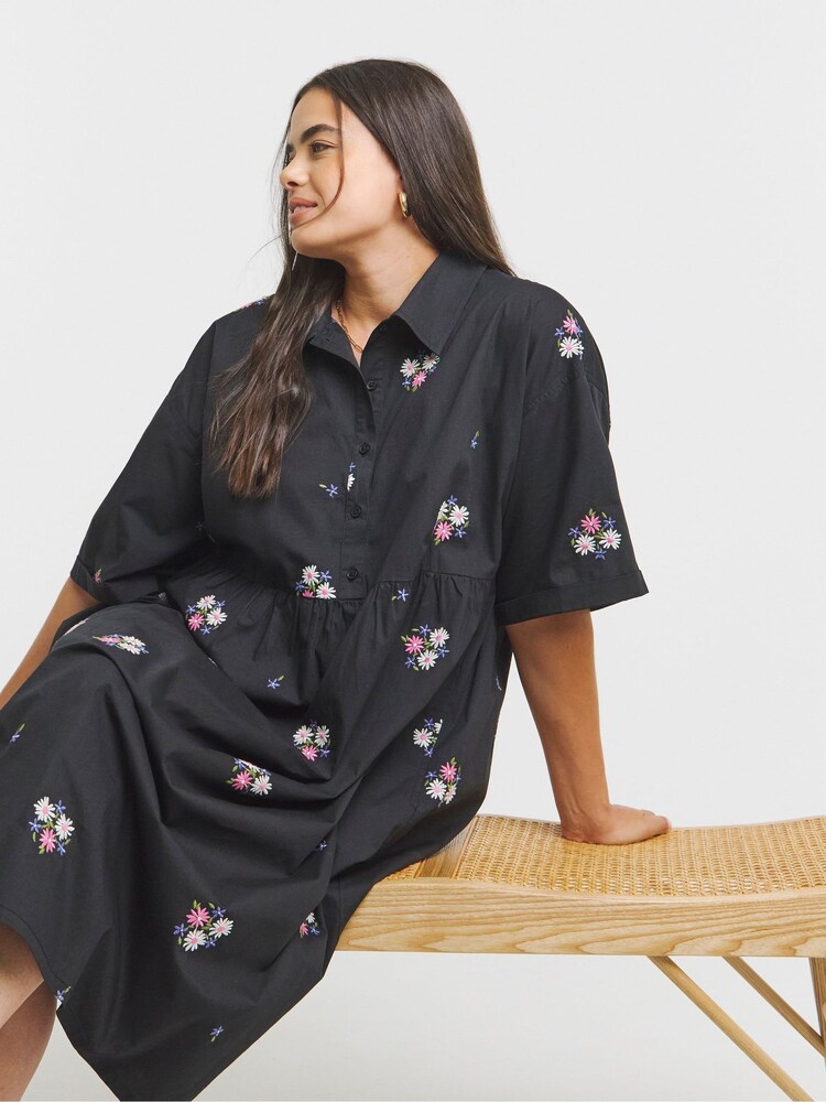 Simply Be Black Embroidered Shirt Dress - Image 4 of 4 Simply Be Black Embroidered Shirt Dress - Image 4 of 4