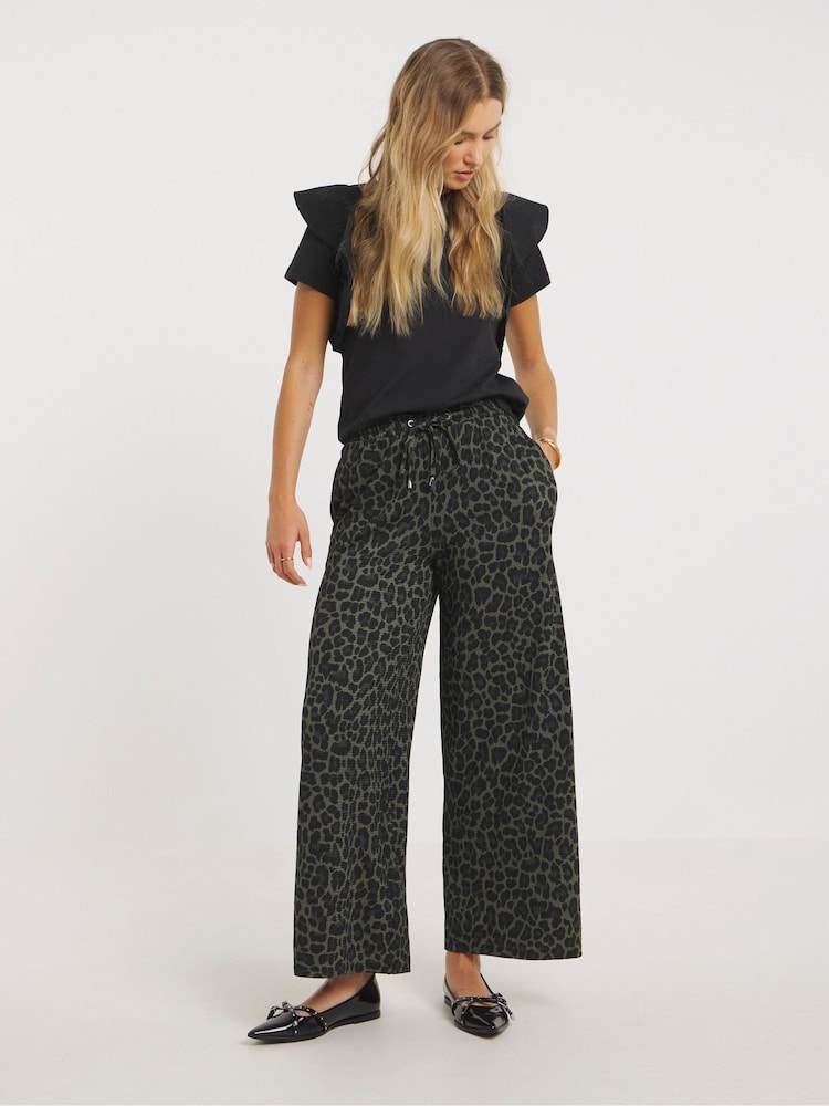 Simply Be Animal Textured Jersey Drawstring Wide Leg Trousers - Image 1 of 4 Simply Be Animal Textured Jersey Drawstring Wide Leg Trousers - Image 1 of 4