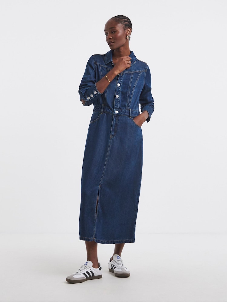 Simply Be Blue Lightweight Dark Wash Tuxedo Detail Midaxi Dress - Image 1 of 4 Simply Be Blue Lightweight Dark Wash Tuxedo Detail Midaxi Dress - Image 1 of 4