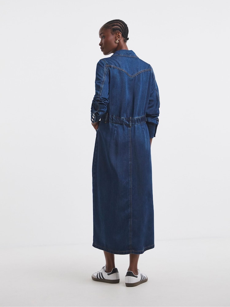 Simply Be Blue Lightweight Dark Wash Tuxedo Detail Midaxi Dress - Image 2 of 4 Simply Be Blue Lightweight Dark Wash Tuxedo Detail Midaxi Dress - Image 2 of 4