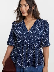 Simply Be Blue Button Through Peplum Blouse - Image 1 of 4