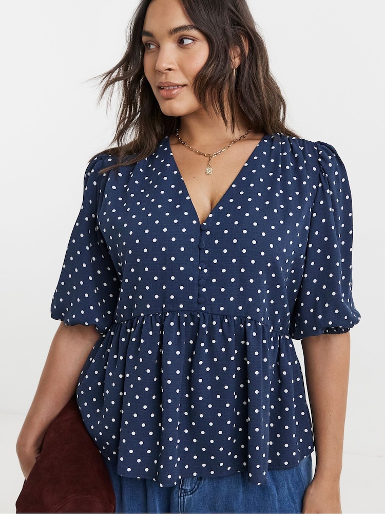 Simply Be Blue Button Through Peplum Blouse - Image 1 of 4