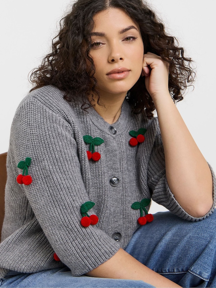 Simply Be Grey Short Sleeve Cherry Cardigan - Image 1 of 4 Simply Be Grey Short Sleeve Cherry Cardigan - Image 1 of 4