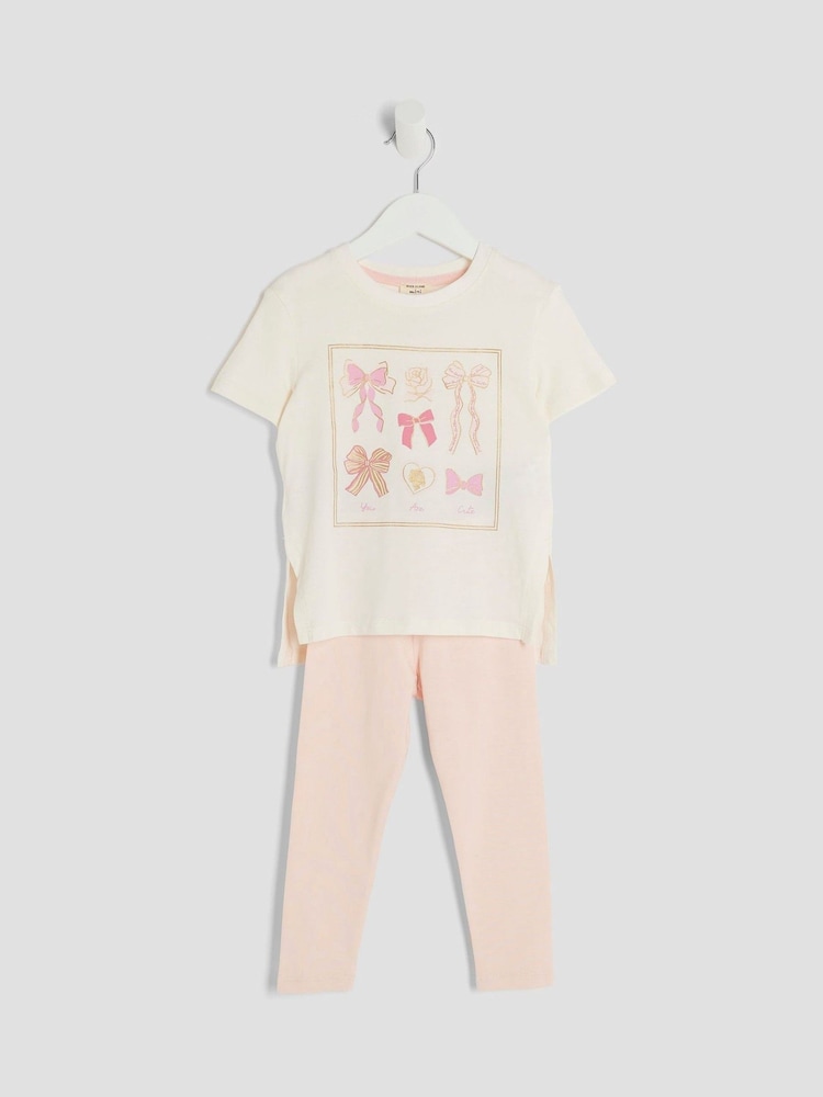 River Island Cream Girls Rose Bow Box T-Shirt Set - Image 2 of 3