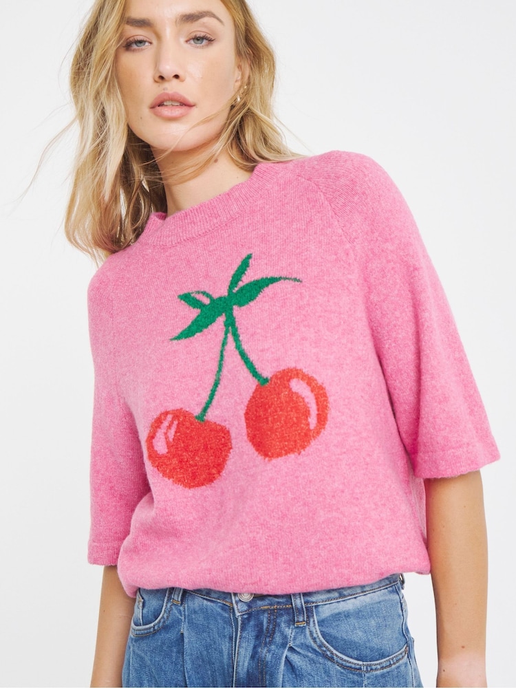 Simply Be Pink Cherry Short Sleeve Jumper - Image 1 of 4 Simply Be Pink Cherry Short Sleeve Jumper - Image 1 of 4