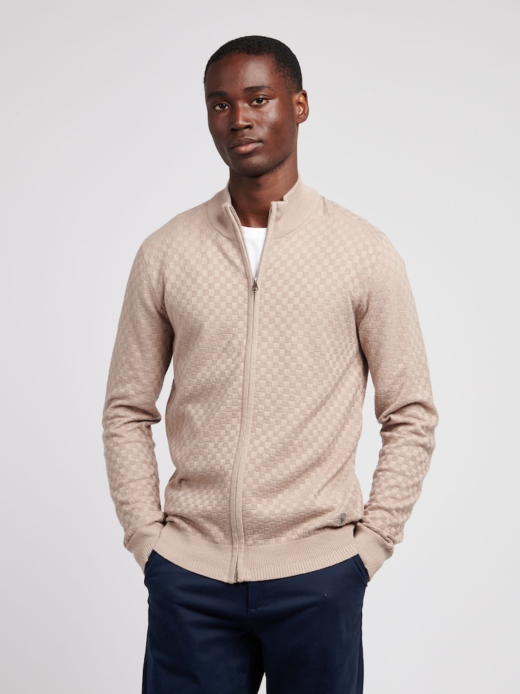U.S. Polo Assn. Natural Mens Smart Checkerboard Zip Through Funnel Cardigan - Image 1 of 9 U.S. Polo Assn. Natural Mens Smart Checkerboard Zip Through Funnel Cardigan - Image 1 of 9