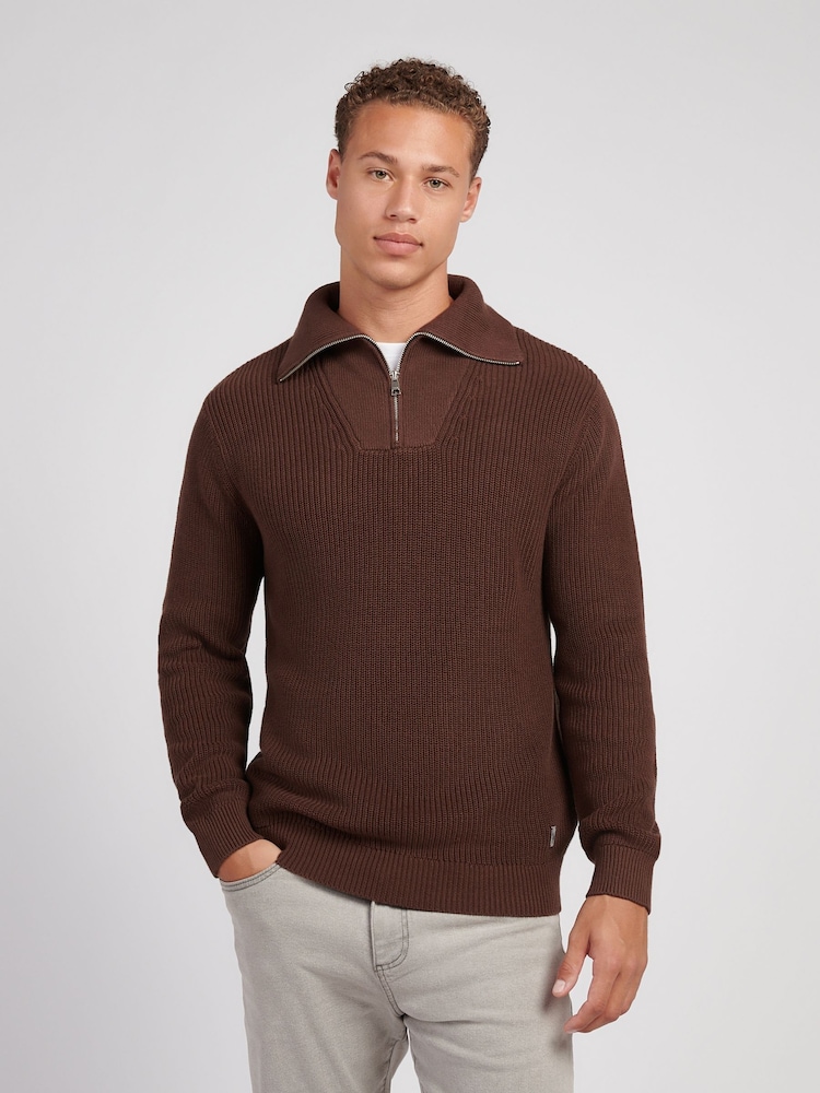 U.S. Polo Assn. Brown Mens Aran Mix Knit Funnel Jumper - Image 1 of 7
