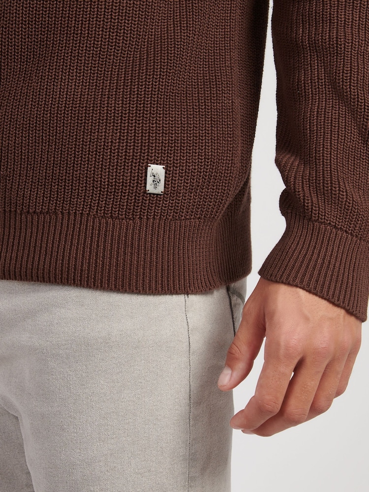U.S. Polo Assn. Brown Mens Aran Mix Knit Funnel Jumper - Image 2 of 7