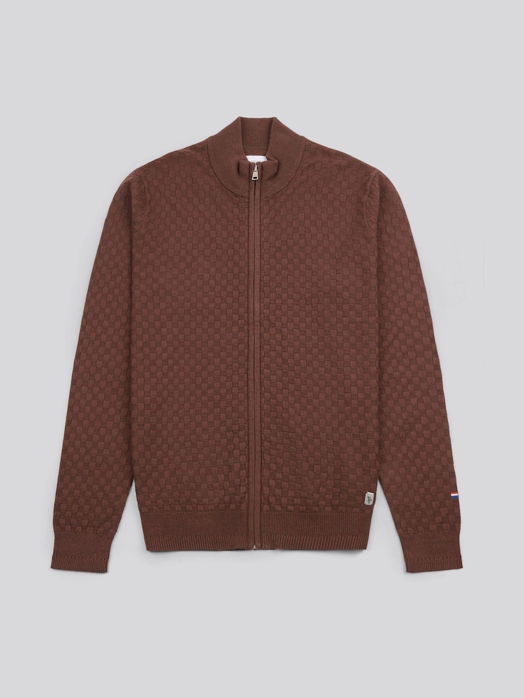 U.S. Polo Assn. Brown Mens Smart Checkerboard Zip Through Funnel Cardigan - Image 1 of 4 U.S. Polo Assn. Brown Mens Smart Checkerboard Zip Through Funnel Cardigan - Image 1 of 4