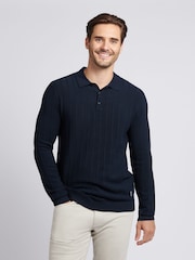 U.S. Polo Assn. Blue Mens Vertical Texture Stripe Knit Long Sleeve Polo Shirt - Image 1 of 7